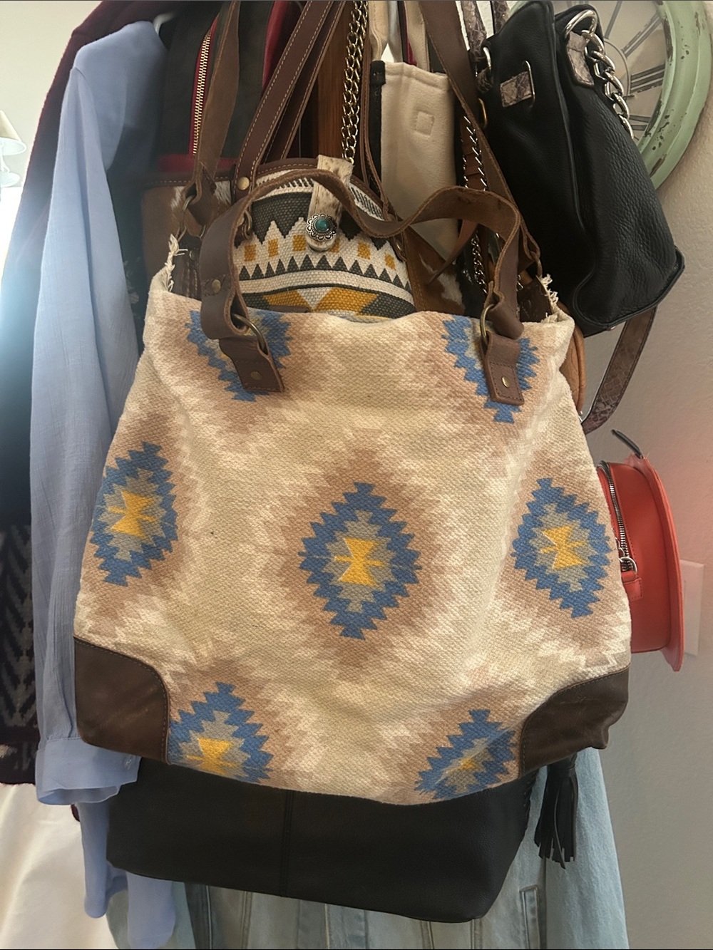 Free People Boho Aztec-Pattern Tote Bag in Cream, Blue & Yellow Real Leather